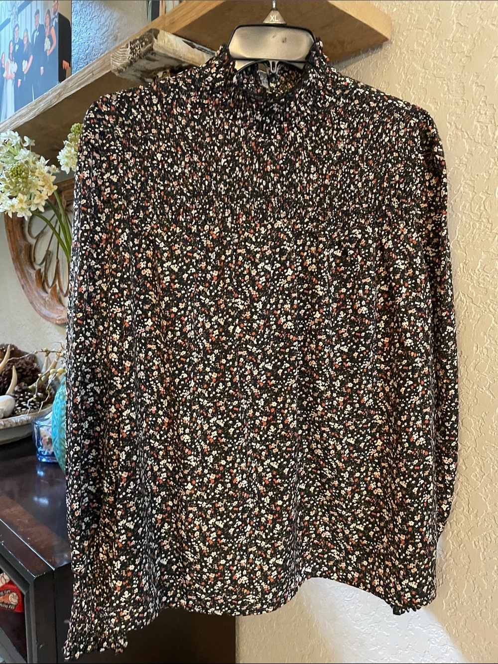 SHEIN Black Floral Mock Neck Long Sleeve Blouse